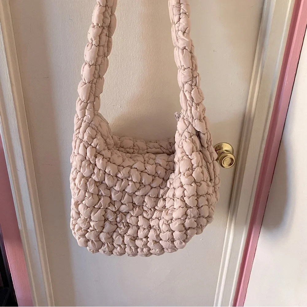 Pale Pink/Cream Color Quilted Puffer Slouchy Bag with Crossbody Strap